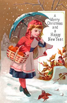 Images Dated 28th October 2015: Little girl with robins on a Christmas card