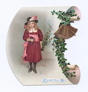Little girl on a scroll-shaped New Year card