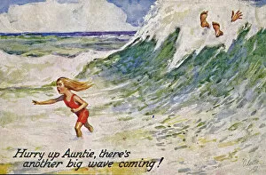 Little girl at the seaside on a comic postcard