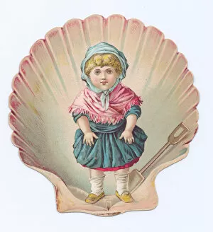 Little girl on a shell-shaped greetings card