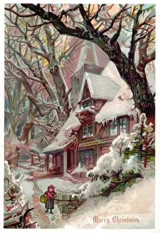 Little girl in the snow on a Christmas card