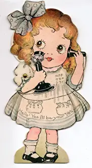 Little girl on the telephone on a Valentine card