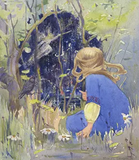 Blonde Prints: Little girl watching a fairy, by Muriel Dawson