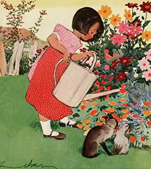 Lawn Gallery: Little girl watering flowers by Muriel Dawson
