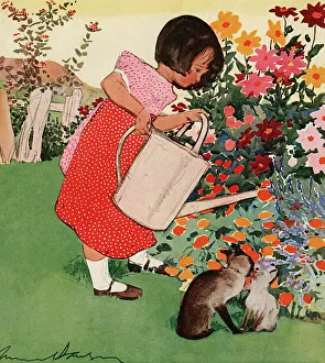 Little girl watering flowers by Muriel Dawson