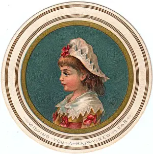 Little girl in a white cap on a circular New Year card