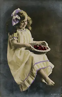 Cherries Prints: Little girl in yellow dress with basket of fruit