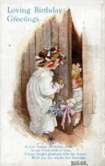 Nightie Gallery: Little girl with younger siblings on a birthday postcard Date: circa 1918