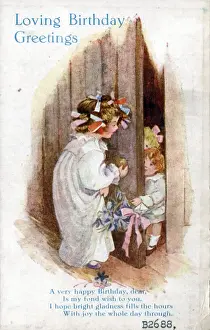 Nightie Prints: Little girl with younger siblings on a birthday postcard Date: circa 1918