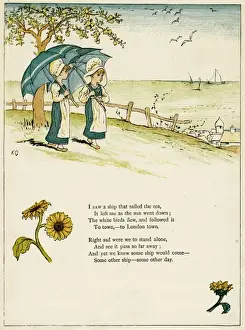 Kate Prints: Two little girls with parasols, looking out to sea