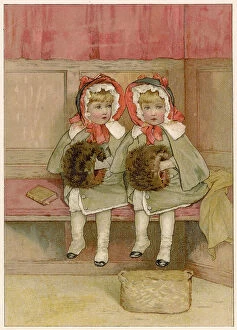 Churchgoing Collection: Two little girls, well wrapped up against the cold, hear their first sermon in the village church