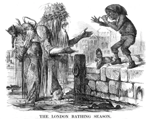 The London Bathing Season cartoon. The figure of Father Thames, filthy and carrying a dead cat, a bent kettle, and other detritus from the river, beckons to a small boy on the quayside, 'Come, my dear! - Come to its old Thames, and have a nice bath!' Date: 1859 The London Bathing Season, filthy River Thames