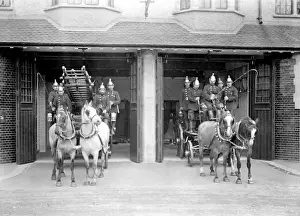 Crews Prints: London Fire Brigade station with horse-drawn fire engines