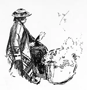 Bouquets Prints: London Flower seller with her basket of blooms