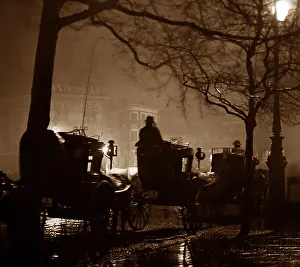 London at night, cabbies waiting for passengers, early 1900s