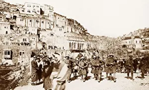 London Scottish pipe band marching through Es Salt Palestine
