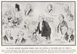 The London Scottish Volunteers holding their last meeting at the Hotel Cecil on 31 March 1908. Prominent figures sketched here include Harry Lauder, the Duke of Argyll, Earl of Weymss and Lord Kinaird. Date: 1908