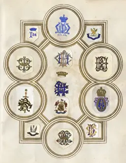 Loose page from a scrapbook of crests and heraldry