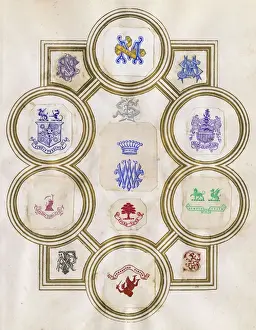 Loose page from a scrapbook of crests and heraldry