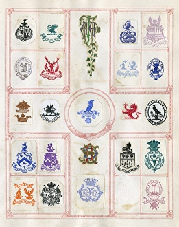 Images Dated 19th September 2017: Loose page from a scrapbook of crests and heraldry