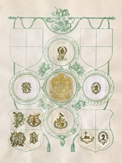 Images Dated 19th September 2017: Loose page from a scrapbook of crests and heraldry