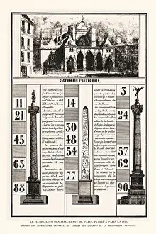 Diversion Prints: Lotto numbers game featuring Paris monuments, 1840