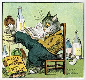 Louis Wain Cat reading Magic and Mystery book