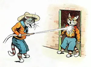 Fellow Prints: Louis Wain Cat Scout aiming a firehose at a fellow cat