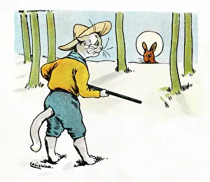 Bunny Prints: Louis Wain Cat Scout hunting a bunny rabbit
