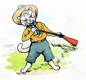 Louis Wain Cat Scout loading his rifle with powder and shot