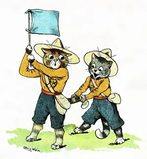 Louis Wain Cat Scout pulling tail of semaphore flag waver