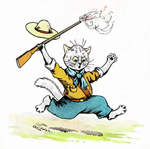 Scares Prints: Louis Wain Cat Scout scares himself when firing his rifle
