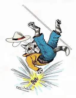 Louis Wain Cat Scout surprised by a fire cracker firework