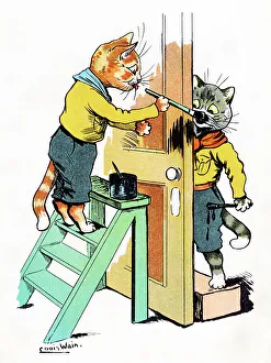 Louis Wain Cat Scouts painting a door