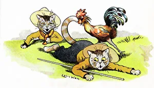 Troubles Prints: Louis Wain Cat Scouts pecked by a hen - A Peck of Troubles