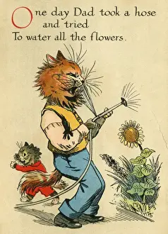 Watering Prints: Louis Wain, Daddy Cat - watering the flowers