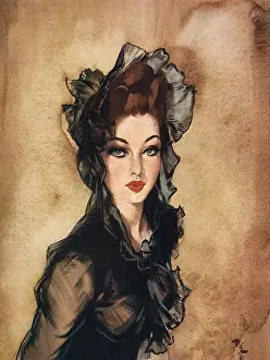Auburn Prints: Lovely illustration of a woman with reddish brown hair and blue eyes