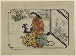 Two lovers embracing in front of a painted screen