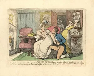 Two lovers in a parlour disturbed by prying maids