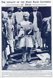 Loyalty of the proclaimed Emperor and Empress of India, King George V and Queen Mary. Many races gathered at Delhi, selling large portraits during the coronation in India. Date: 1911