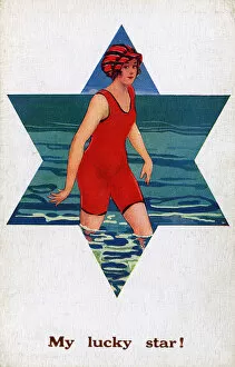 My Lucky Star - Girl in Red Bathing Costume and Striped Cap