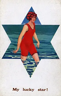Bather Prints: My Lucky Star - Girl in Red Bathing Costume and Striped Cap
