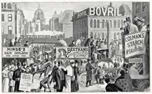 Bovril Prints: Ludgate Circus, with advertising on sides of public transport and buildings