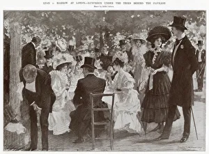 Harrow Prints: Luncheon under the trees behind the pavilion. Date: 1907