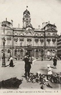 Images Dated 4th April 2011: Lyon, Feeding tame pigeons in Place des Terreaux