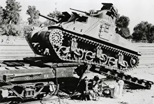 ?M4? tank being ramp-loaded onto track vehicle, Bombay