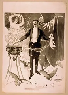 Owls Prints: Magician holding rabbit and conjuring spirit surrounded by d