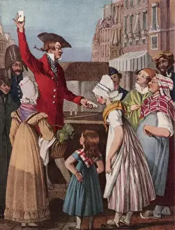 Conjures Prints: Magician performing card trick to gathered crowd