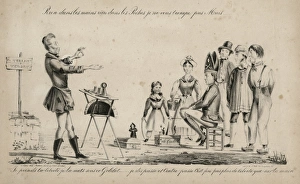Magician performing the cup and balls trick to a small crowd