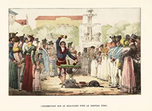 Diversion Prints: Magician performing sleight of hand, Chateau d'Eau, 1820s